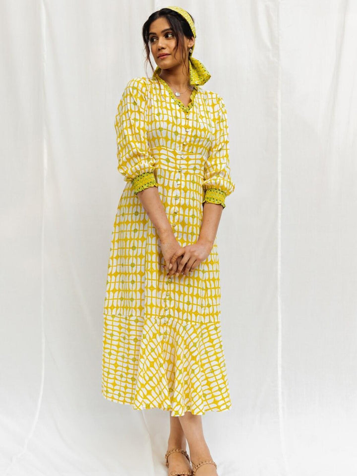 Sunshine Yellow Handblock Print Long Cotton Midi Joy Dress - Moontara