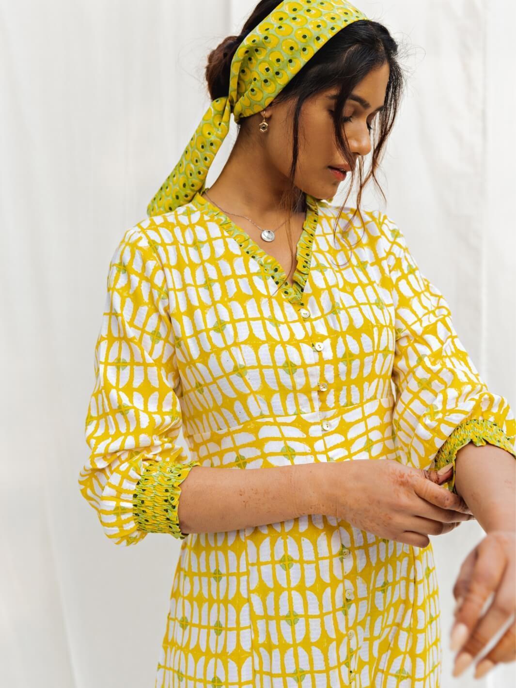 Sunshine Yellow Handblock Print Long Cotton Midi Joy Dress - Moontara