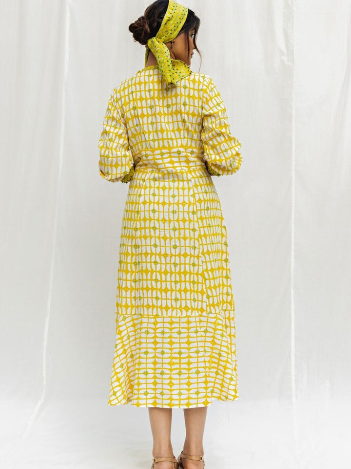 Sunshine Yellow Handblock Print Long Cotton Midi Joy Dress - Moontara