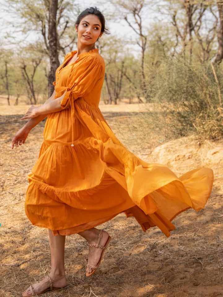 Tangerine Flared Cotton Voile Maxi Dress - Moontara