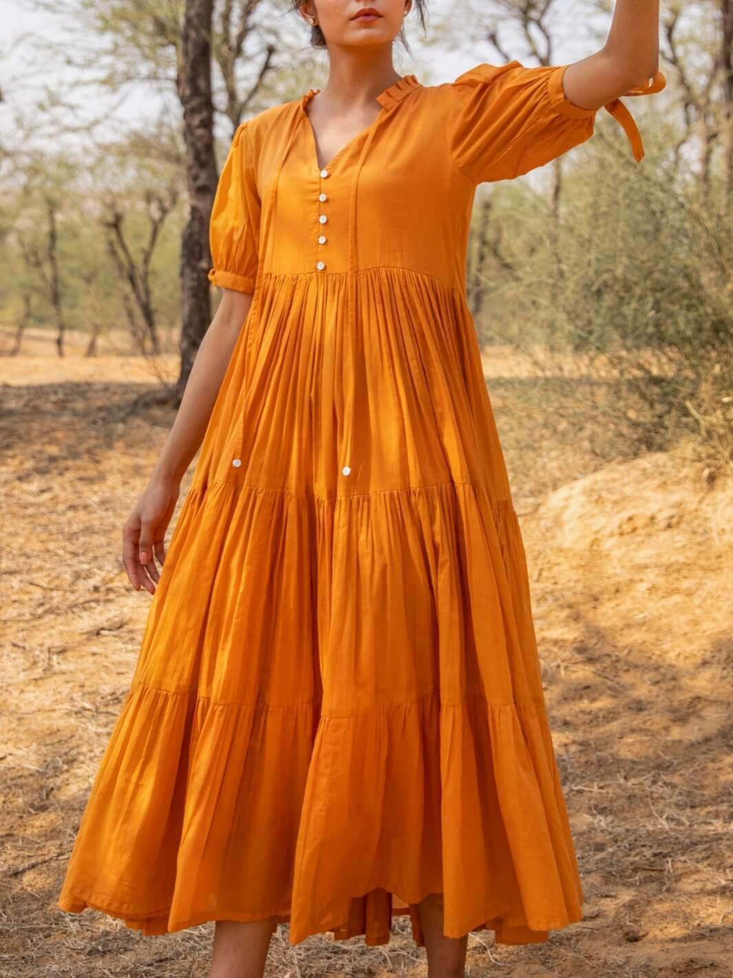 Tangerine Flared Cotton Voile Maxi Dress - Moontara