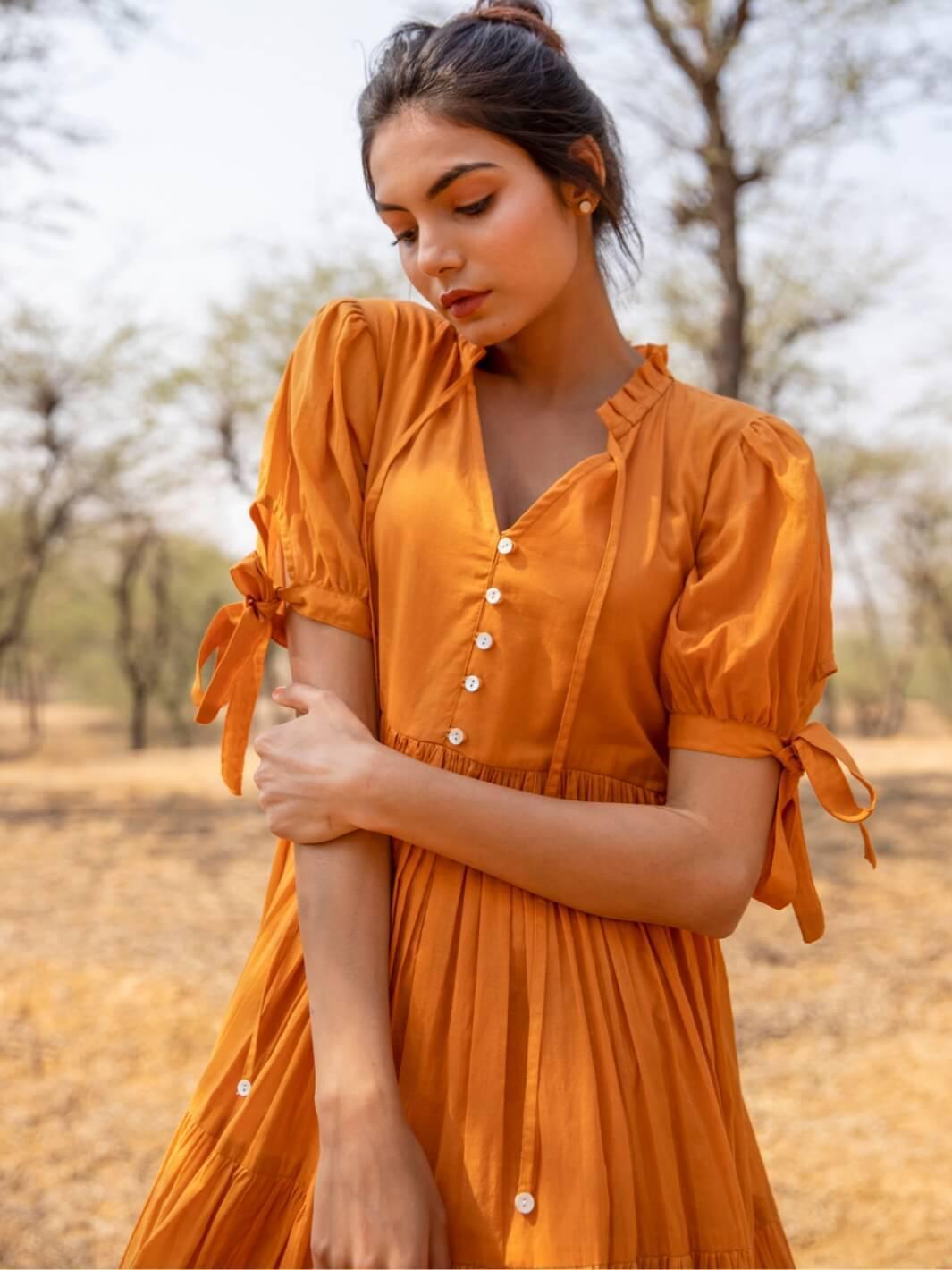 Tangerine Flared Cotton Voile Maxi Dress - Moontara