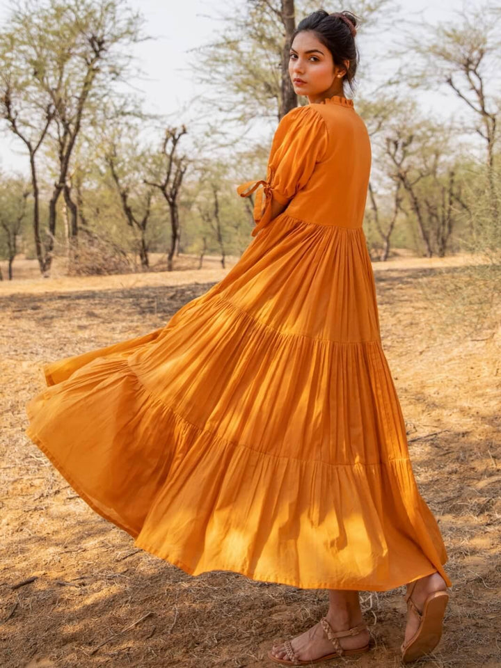 Tangerine Flared Cotton Voile Maxi Dress - Moontara