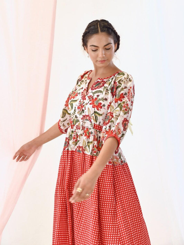 White & Red Cotton Long Floral Dress with Balloon Sleeves - Moontara