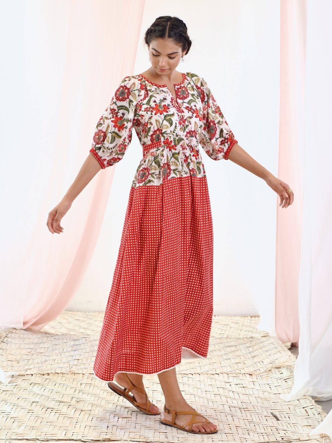 White & Red Cotton Long Floral Dress with Balloon Sleeves - Moontara