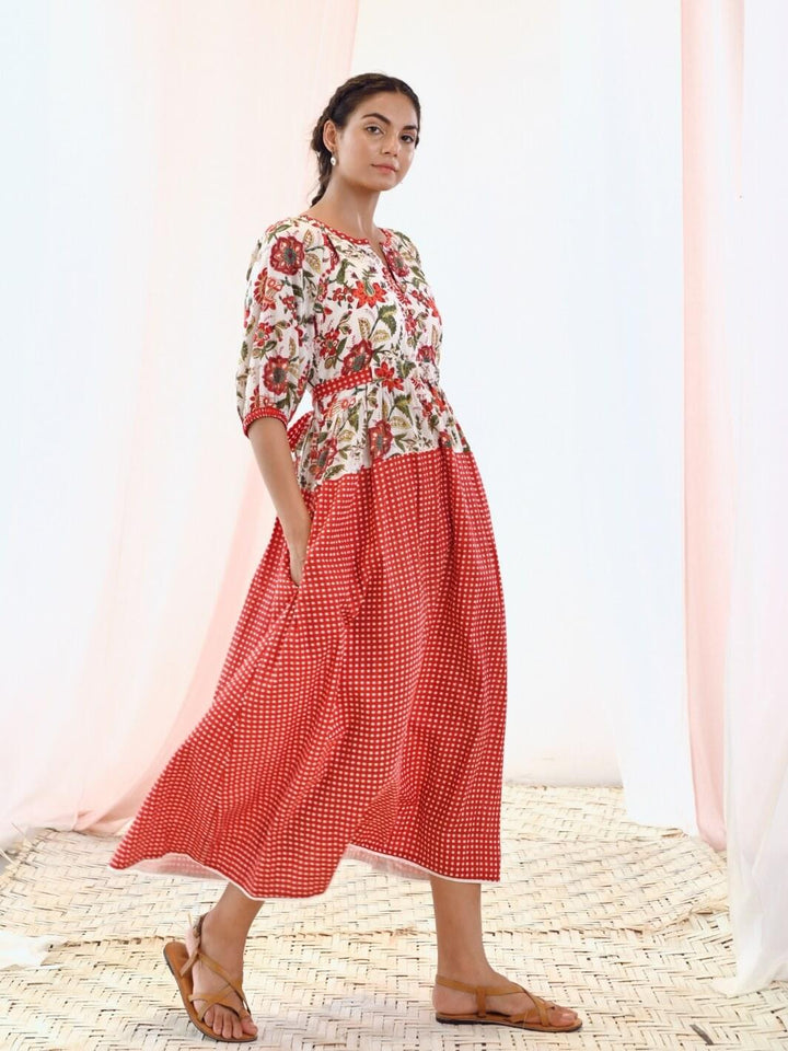 White & Red Cotton Long Floral Dress with Balloon Sleeves - Moontara