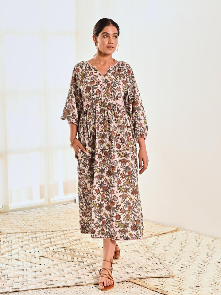 White Cotton Floral Print Maxi Dress with Baloon Sleeves - Moontara