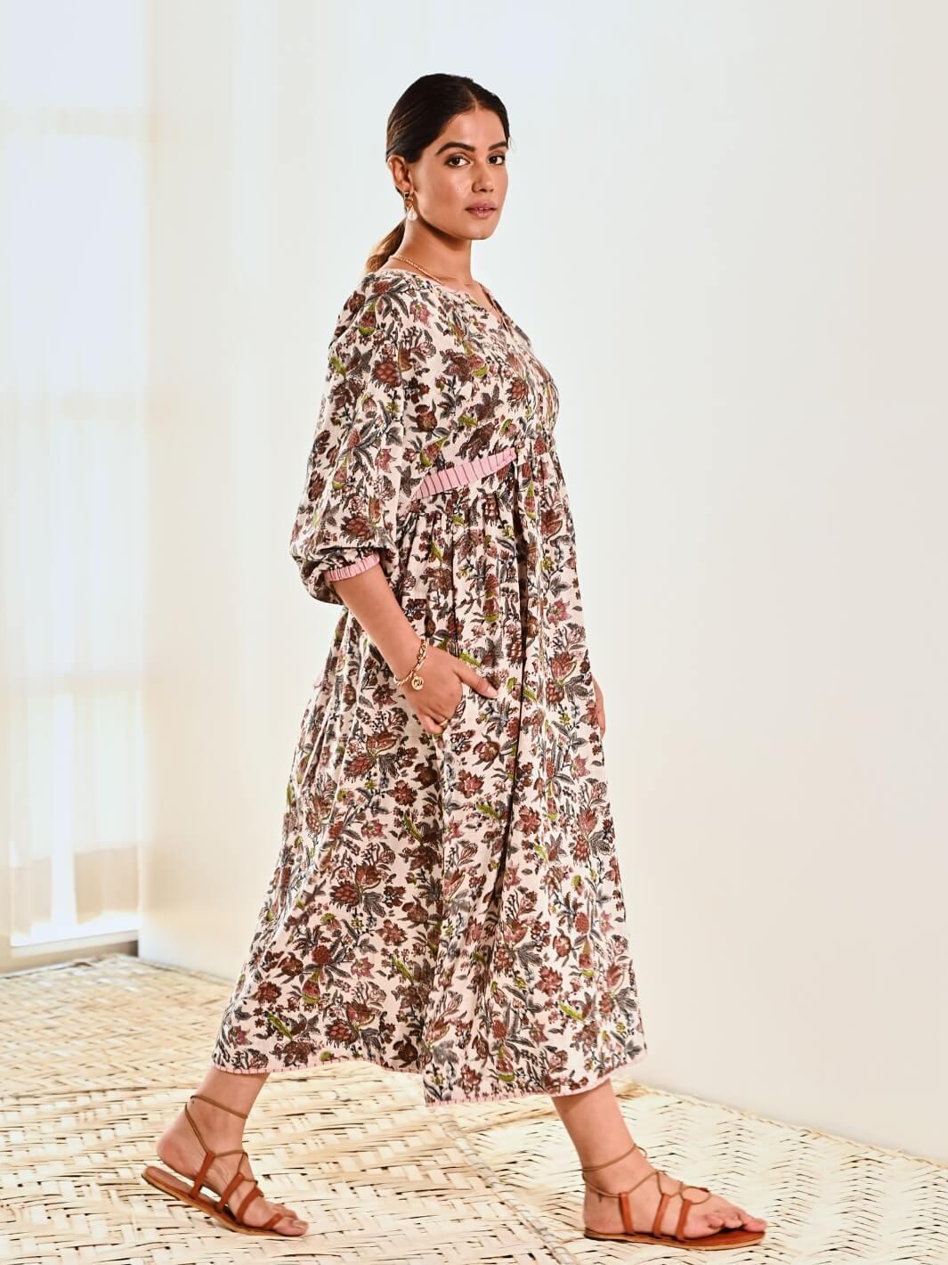 White Cotton Floral Print Maxi Dress with Baloon Sleeves - Moontara