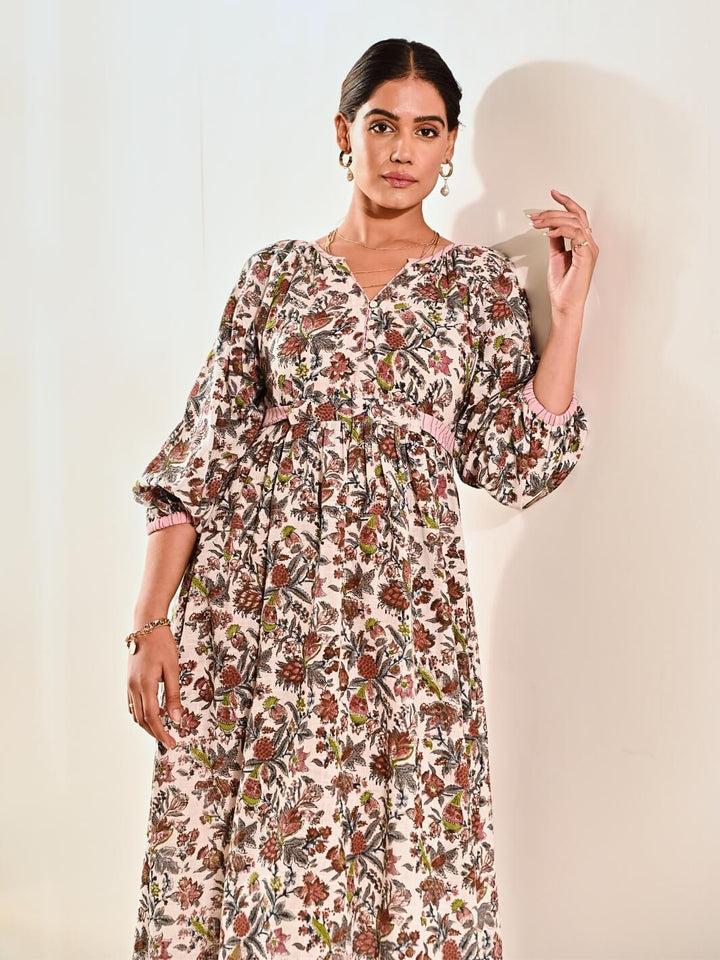 White Cotton Floral Print Maxi Dress with Baloon Sleeves - Moontara