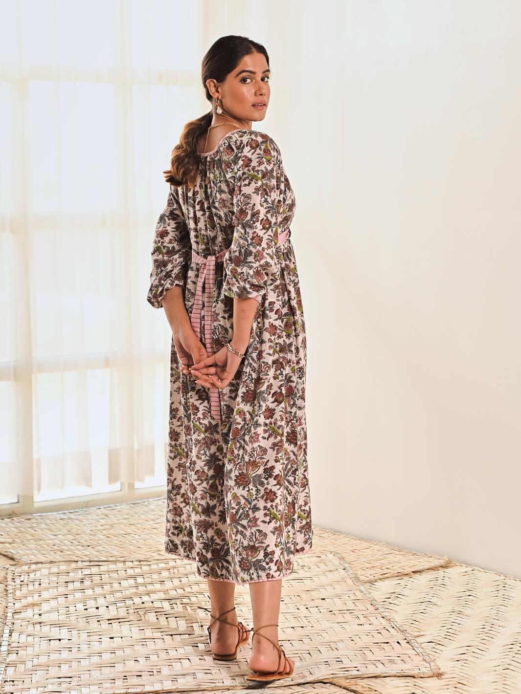 White Cotton Floral Print Maxi Dress with Baloon Sleeves - Moontara