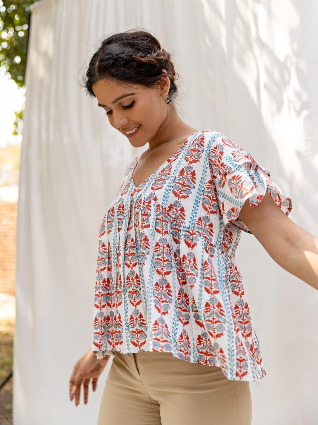 White Handblock Print Cotton Top - Moontara