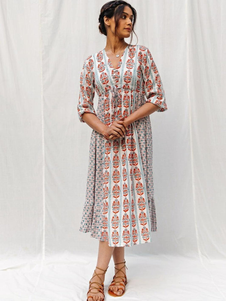 White Handblock Print Long Cotton Midi Sunday Dress - Moontara