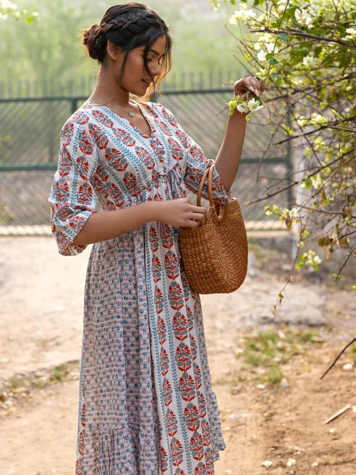 White Handblock Print Long Cotton Midi Sunday Dress - Moontara