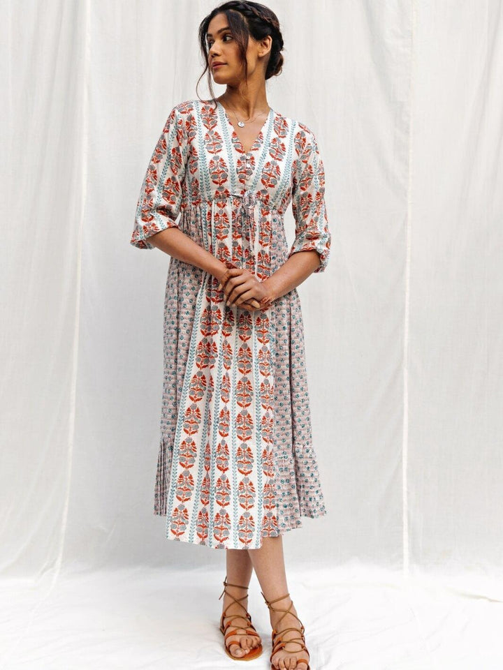 White Handblock Print Long Cotton Midi Sunday Dress - Moontara