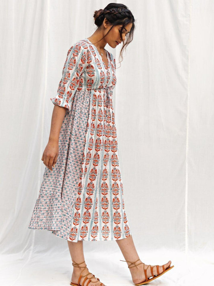 White Handblock Print Long Cotton Midi Sunday Dress - Moontara