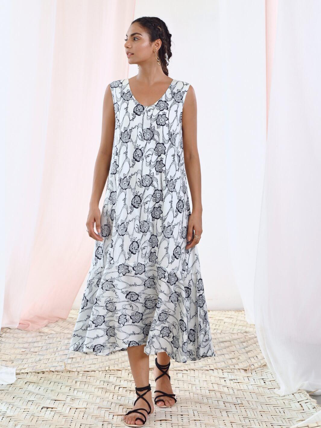 White Printed A-Line Sleeveless Cotton Dress - Moontara