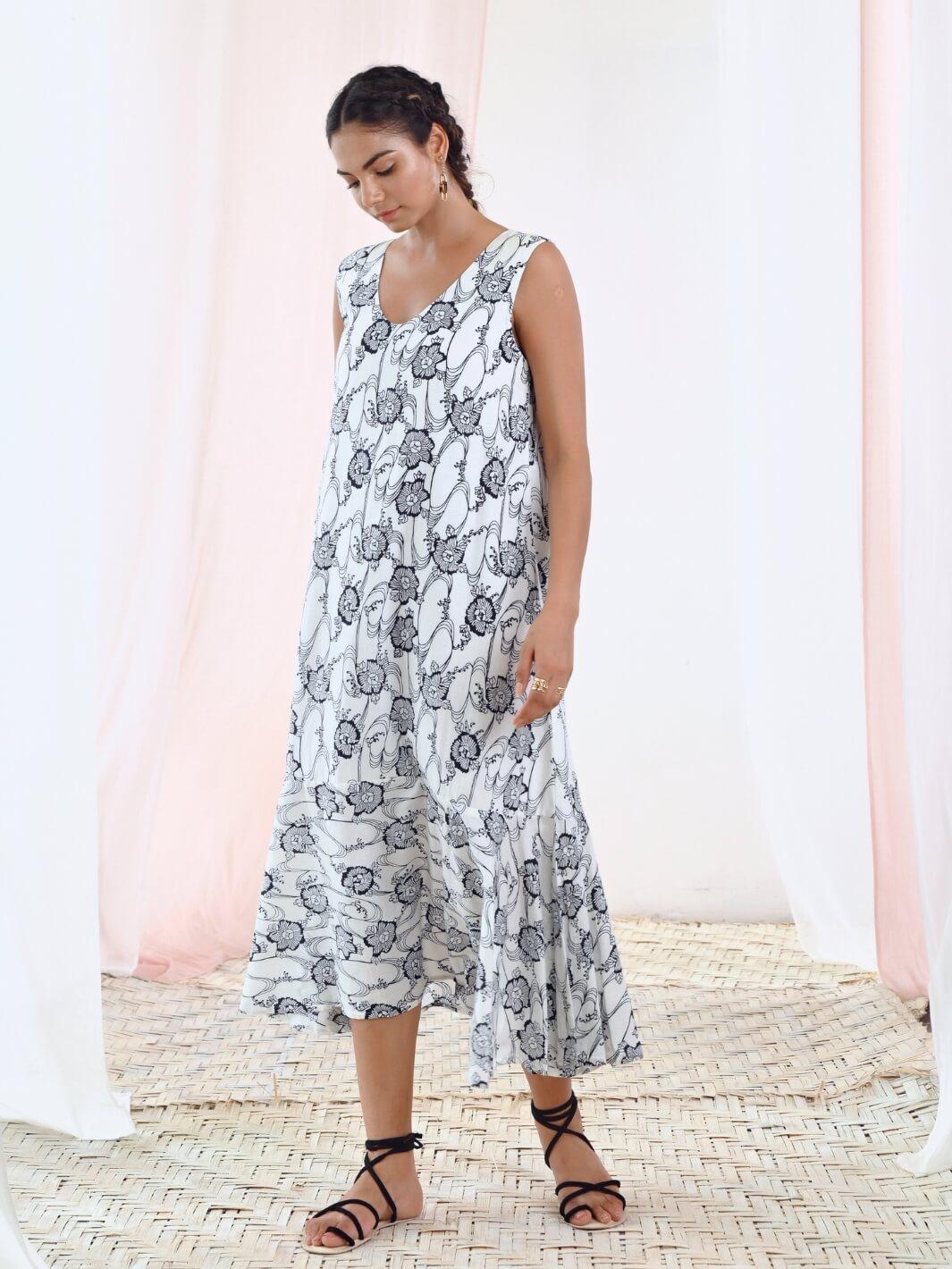 White Printed A-Line Sleeveless Cotton Dress - Moontara