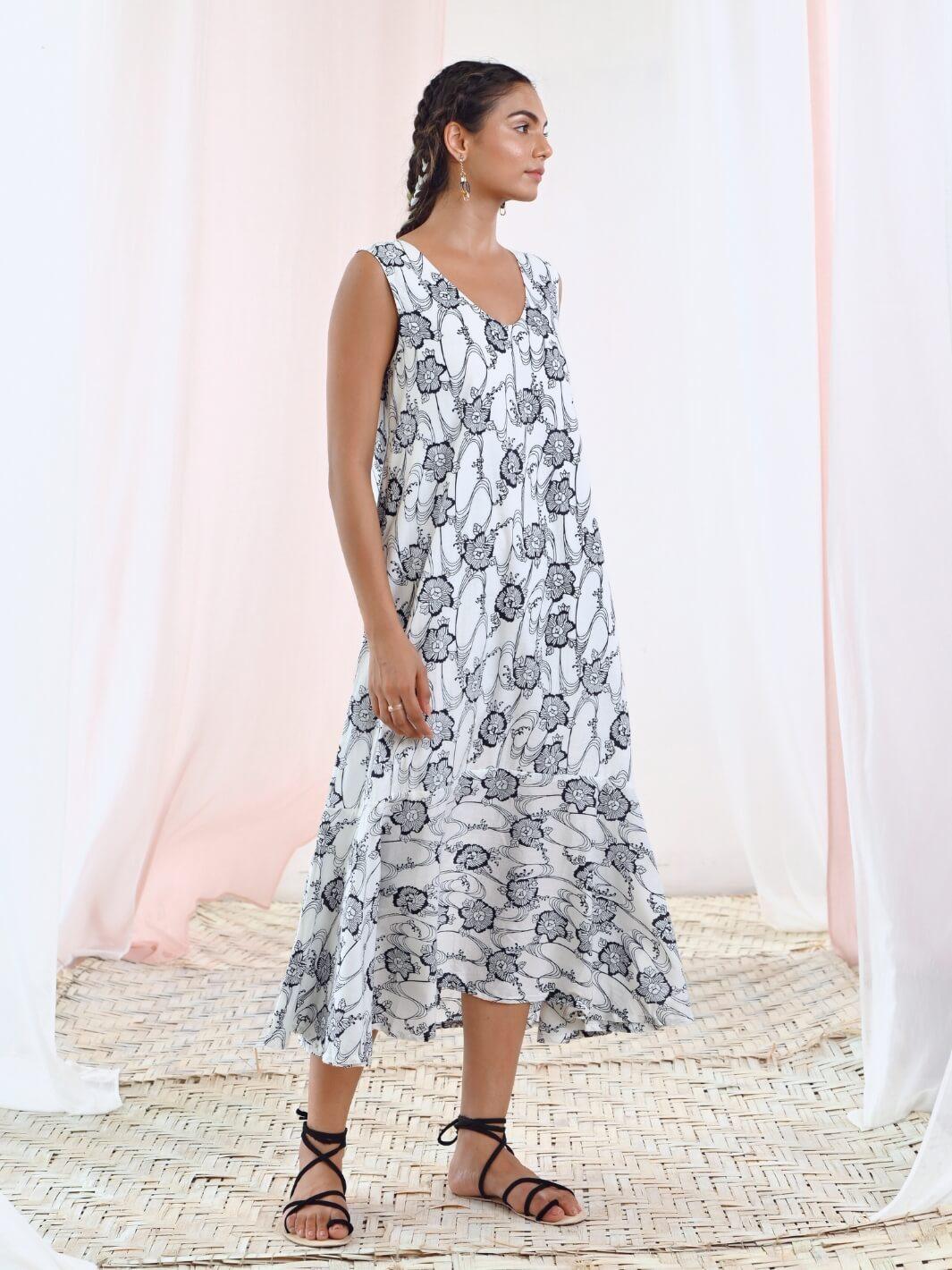 White Printed A-Line Sleeveless Cotton Dress - Moontara