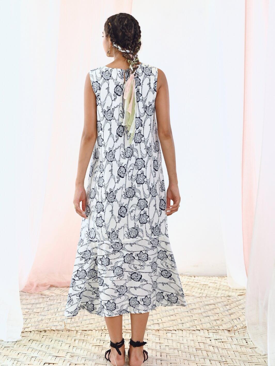 White Printed A-Line Sleeveless Cotton Dress - Moontara