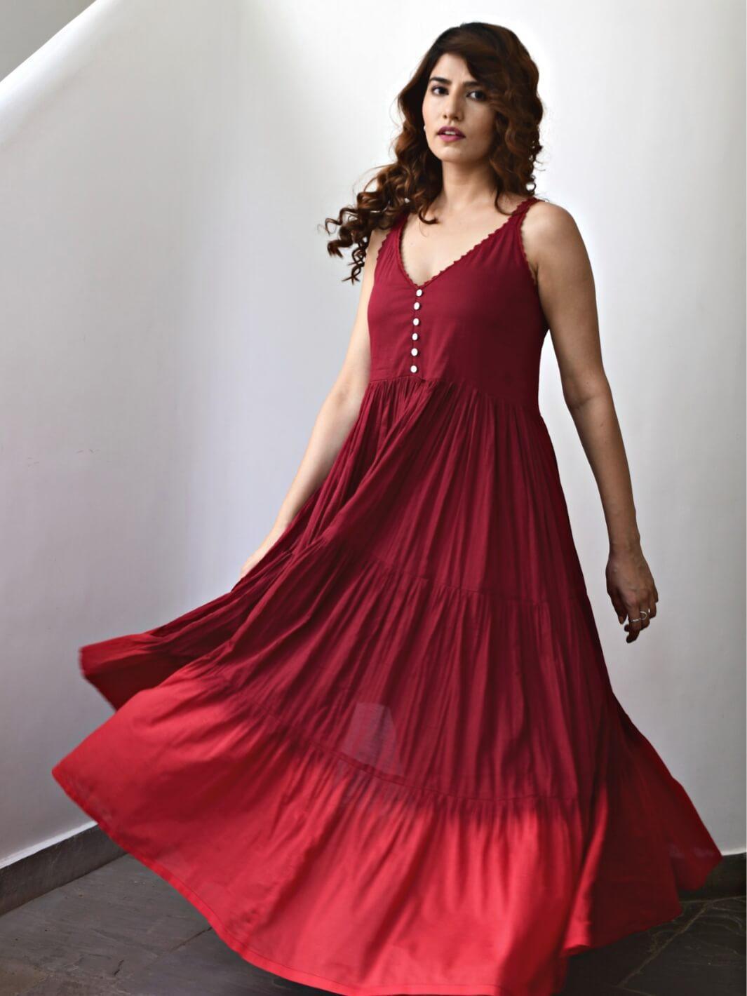 Wine Sleeveless Cotton Voile Maxi Dress - Moontara