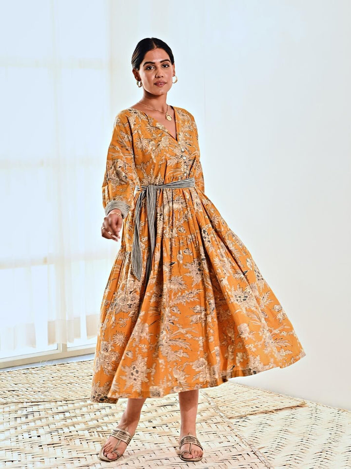 Yellow Cotton Floral Print Maxi Long Dress with Belt - Moontara