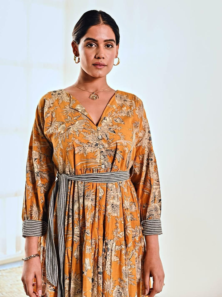 Yellow Cotton Floral Print Maxi Long Dress with Belt - Moontara