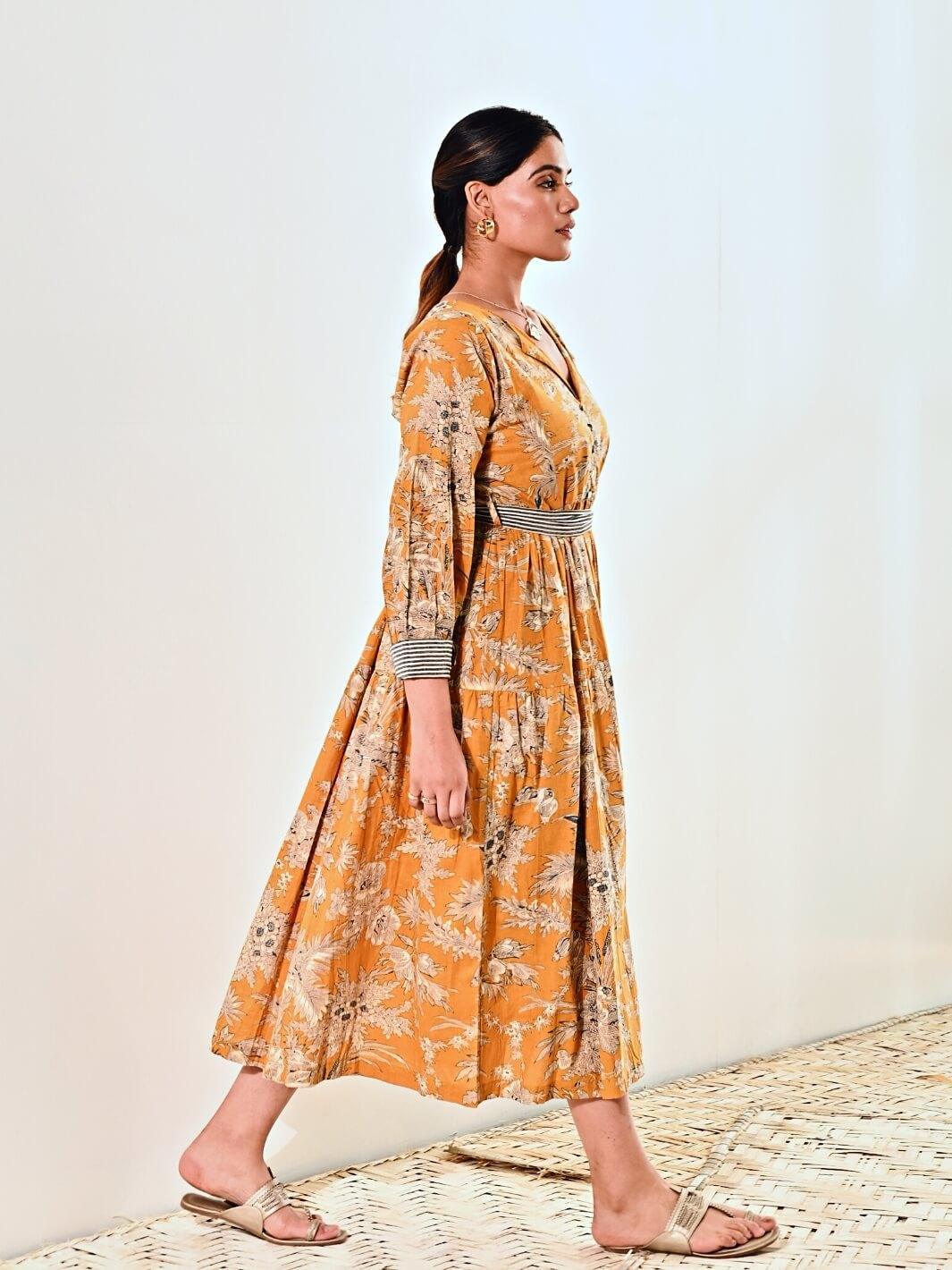 Yellow Cotton Floral Print Maxi Long Dress with Belt - Moontara