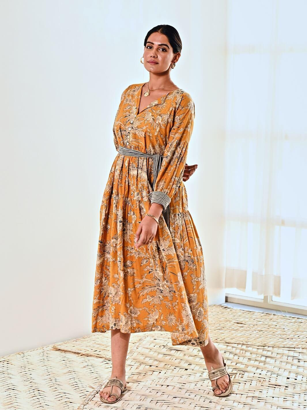 Yellow Cotton Floral Print Maxi Long Dress with Belt - Moontara