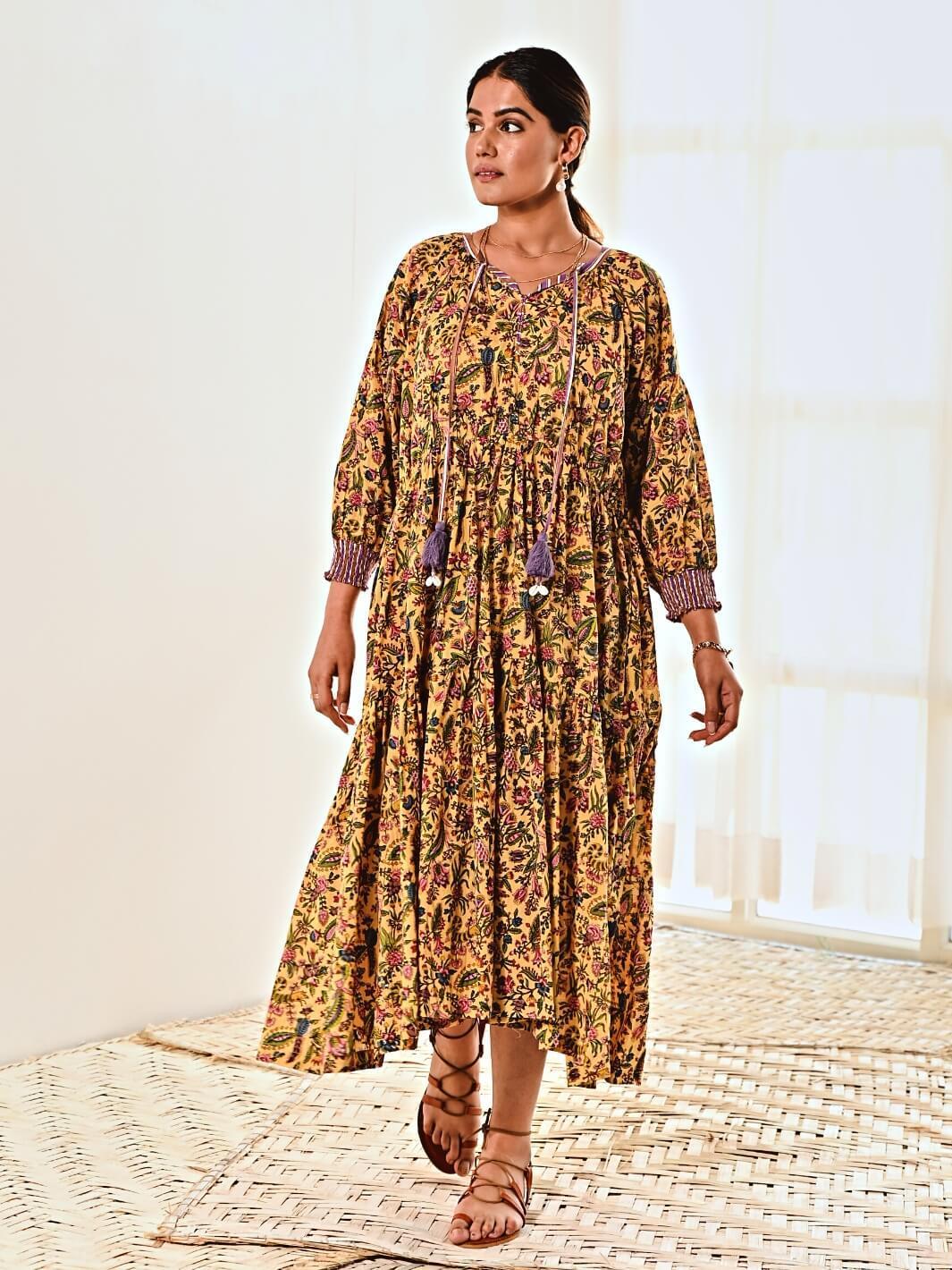 Yellow Print Cotton Maxi Long Dress - Moontara