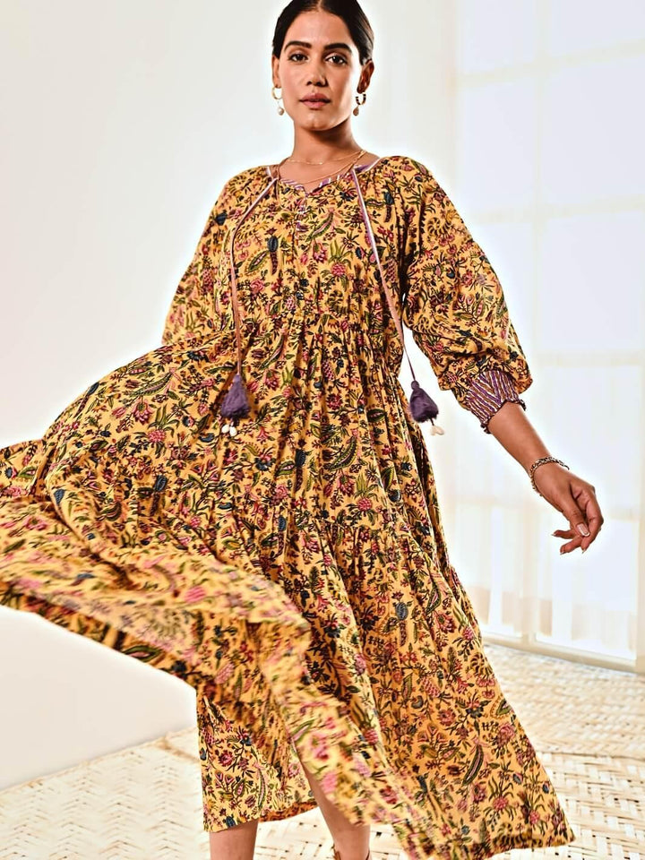 Yellow Print Cotton Maxi Long Dress - Moontara