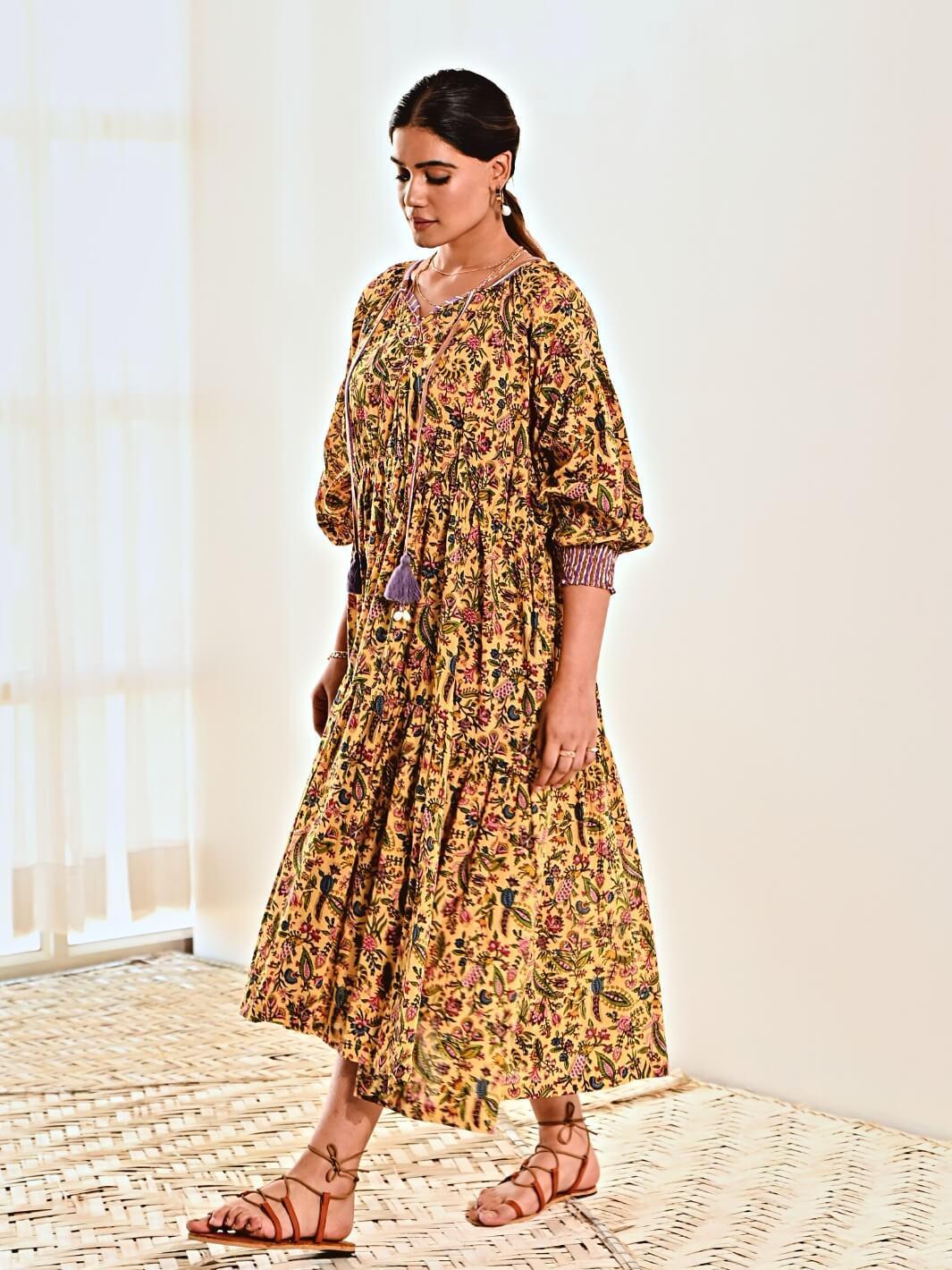 Yellow Print Cotton Maxi Long Dress - Moontara