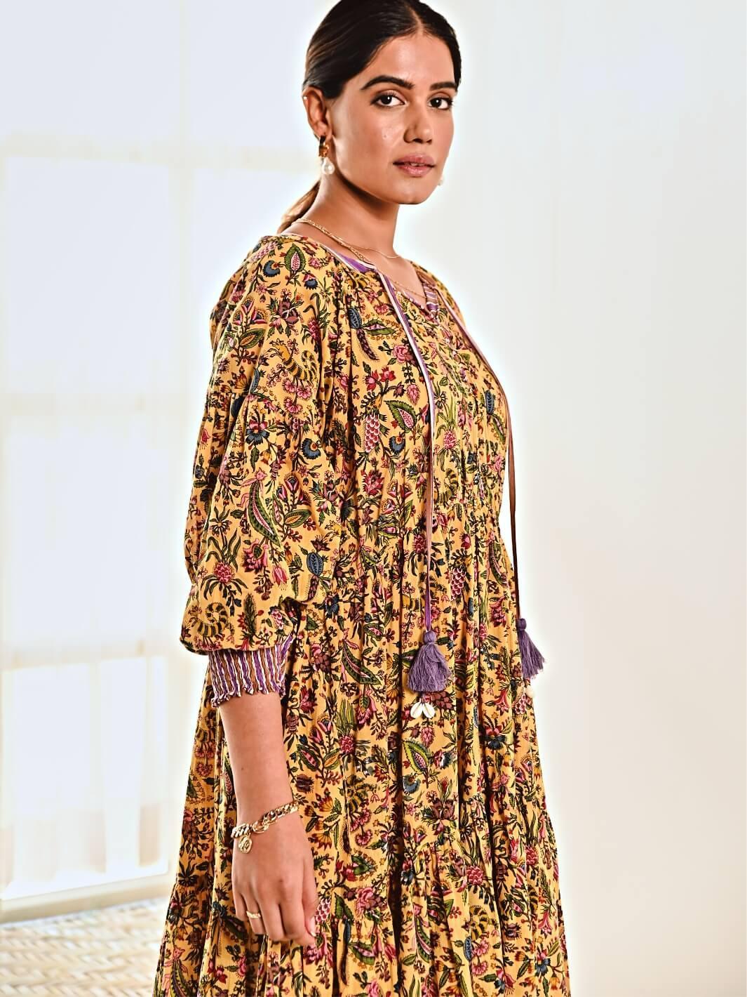 Yellow Print Cotton Maxi Long Dress - Moontara