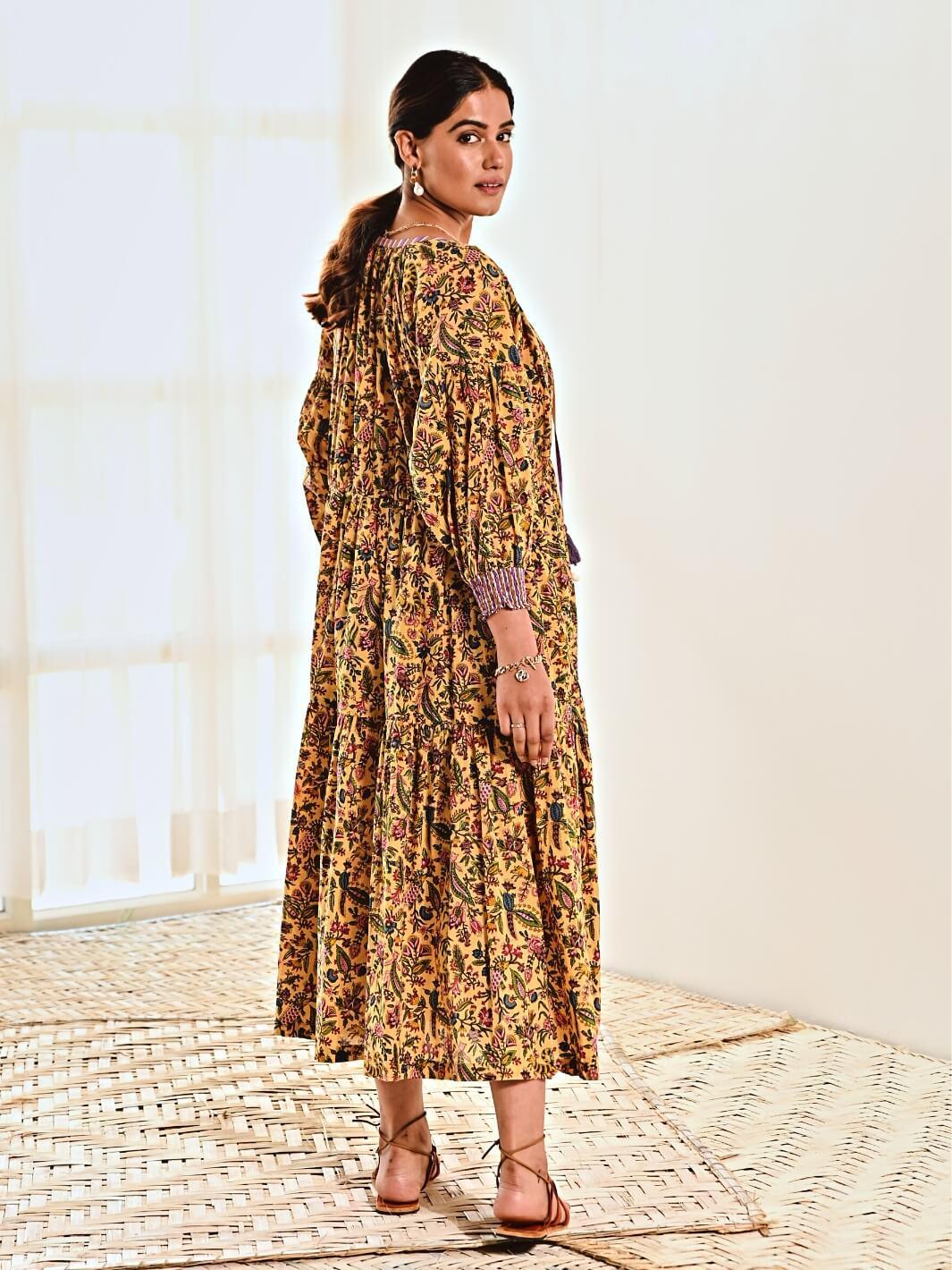 Yellow Print Cotton Maxi Long Dress - Moontara